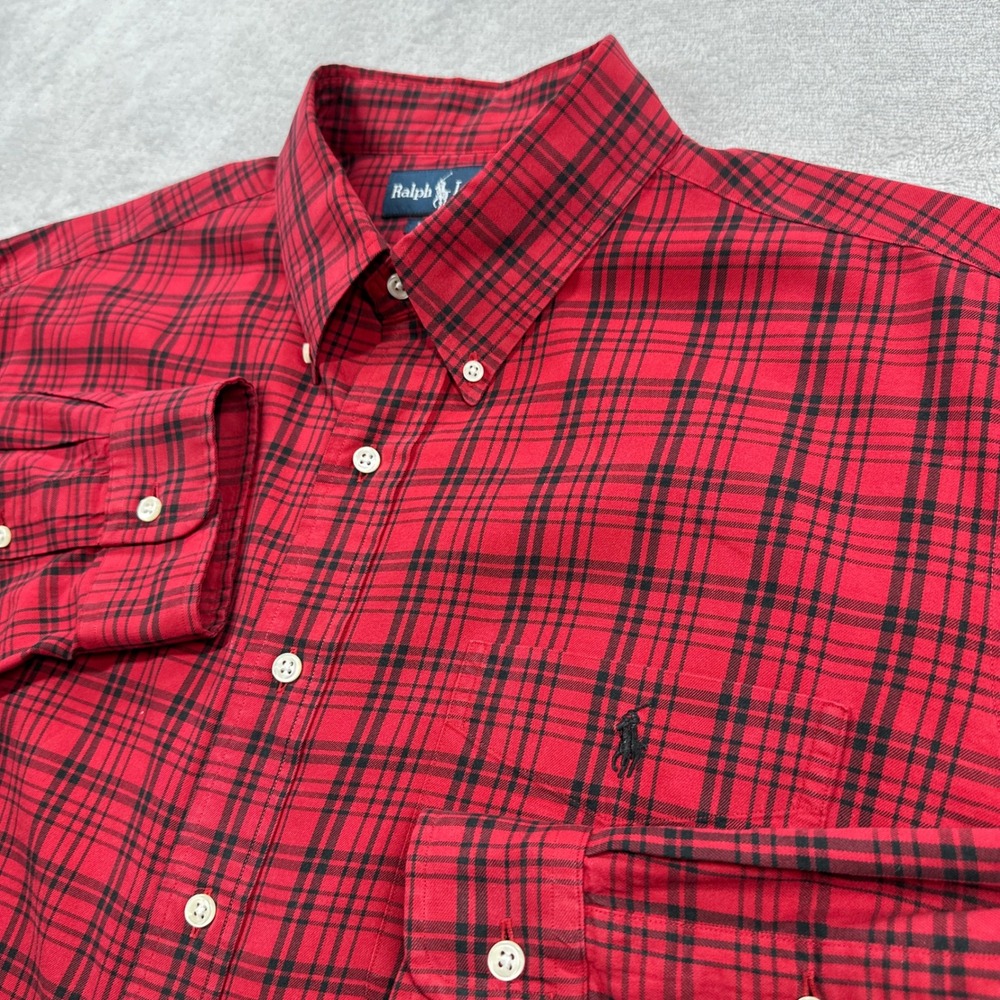 Ralph Lauren Button Down Shirt Mens XXL Red Black Plaid Classic Fit Cotton Pony